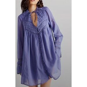 Free People Haddie Embroidered Boho Tunic Top Blue Long Sleeve Lace Trim XS TP